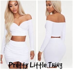 Shape White Wrap Bardot Ribbed Crop Top Pretty Little Thing Sz 2